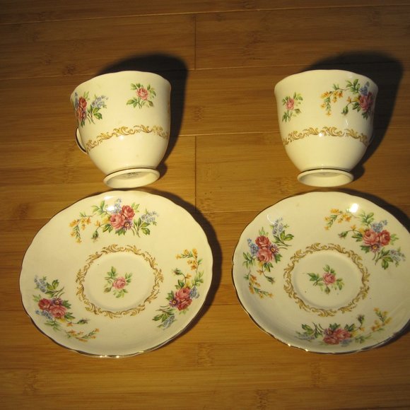 Set of Two (2) New Chelsea Staffs Cups & Saucers Pink Floral Gold Rim England - Picture 2 of 5